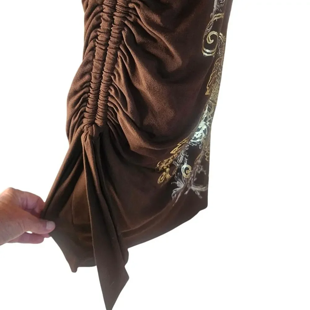 Cache Brown With  Gold Silver Print Bodycon Dress Sz M Stretchy V Neck - Picture 5 of 10